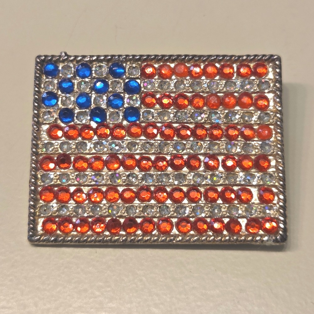 Vintage American Flag Rhinestone Pin Brooch Patriotic Red White Blue Silver Tone